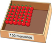 Hay una caja rotulada “100 manzanas”. En la caja, las manzanas están ordenadas en una matriz de 6x6 de manzanas.