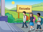 Hay una imagen de estudiantes entrando a la escuela.