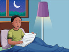 Hay una imagen de un niño leyendo un libro en la cama. Por la ventana se ve la luna.