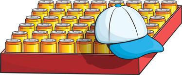 A baseball cap covers one corner of a case of cans that form an array. One row of the array has: can, can, can, can, can, can, can, can. One column has: can, can, can, can, can.
