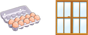 Two objects that form arrays: a carton of eggs that holds eggs in a 2 by 6 array and a window with panes in a 2 by 4 array.