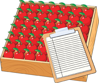 A clipboard covers one corner of a case of apples that form an array. The first row of the array has: apple, apple, apple, apple, apple, apple, apple. The first column of the array has: apple, apple, apple, apple, apple, apple, apple.
