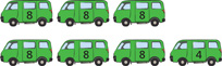 A group of 7 vans with numbers on them. Six vans have the number “8” on them and 1 van has the number “4” on it.