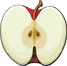 An apple cut in half from top to bottom with a seed on each side.