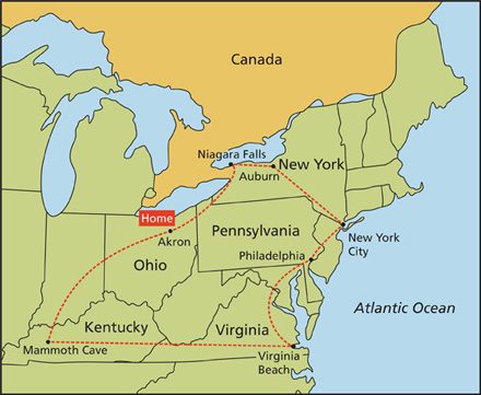 A map of the Jones Family's Trip in the northeastern United States.