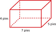Hay un prisma rectangular. El prisma tiene 4 pies de altura, 7 pies de ancho y 5 pies de longitud.