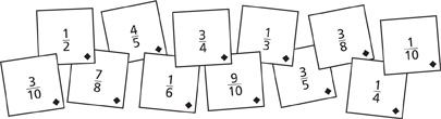 Hay un grupo de tarjetas de fracciones: tres décimos, un medio, siete octavos, cuatro quintos, un sexto, tres cuartos, nueve décimos, un tercio, tres quintos, tres octavos, un cuarto, un décimo. Cada tarjeta tiene una figura de diamante en el vértice inferior derecho.