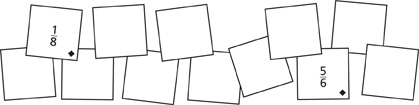 Hay un grupo de tarjetas de fracciones y otras en blanco: espacio en blanco, un octavo, espacio en blanco, espacio en blanco, espacio en blanco, espacio en blanco, espacio en blanco, espacio en blanco, espacio en blanco, cinco sextos, espacio en blanco, espacio en blanco. Cada tarjeta con una fracción tiene una figura de diamante en el vértice inferior derecho.