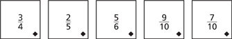 Hay un grupo de tarjetas de fracciones: tres cuartos, dos quintos, dos sextos, nueve décimos, siete décimos. Cada tarjeta tiene una figura de diamante en el vértice inferior derecho.