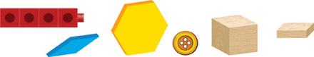 A set of 6 objects: cube train made of 4 cubes, angled rhombus tile, hexagon tile, button, cube block, rectangular prism block.