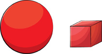 A set of 2 objects: large, round, red ball and small, square, red box.