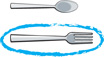Two pictures are a spoon and a fork that extends farther than the spoon. The fork has a circle around it.