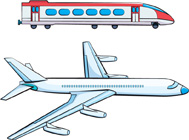 Two pictures are a train car and an airplane that extends farther than the train car.
