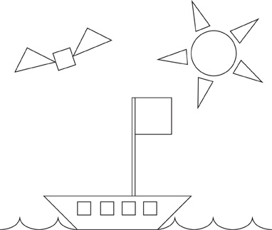 A coloring picture with objects made of shapes shows a boat sailing over water, a sun in the sky, and a bird flying.