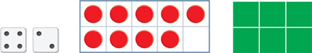 A pair of dot cubes displaying 6, a ten frame with 9 counters, a set of tiles.
