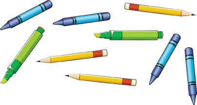A set of objects: crayon, crayon, pencil, marker, pencil, marker, pencil, crayon, crayon.