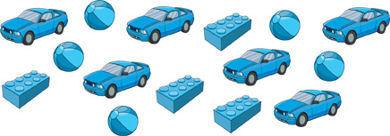 A set of objects: car, ball, car, block, ball, car, block, ball, car, block, car, ball, ball, block, car.