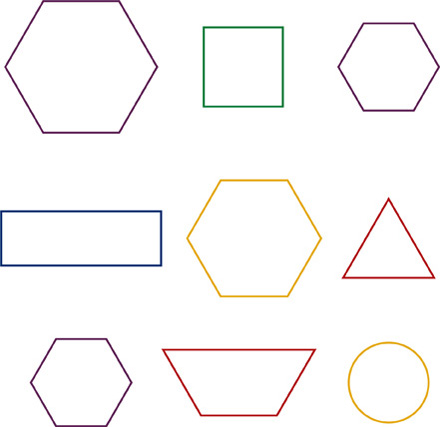 A set of shapes: hexagon, square, hexagon, rectangle, hexagon, triangle, hexagon, trapezoid, circle.