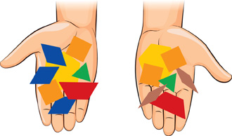 Two hands hold blocks of different shapes.