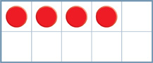 A ten-frame shows 2 rows of counters. The first row has counters, each in a box, and empty boxes: counter, counter, counter, counter, empty box. The second row has empty boxes: empty box, empty box, empty box, empty box, empty box.