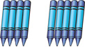 Hay dos grupos de crayones. En el primer grupo: crayón, crayón, crayón, crayón. En el segundo grupo: crayón, crayón, crayón, crayón, crayón.