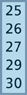 Una tira para contar incluye los números 25, 26, 27, 29 y 30.