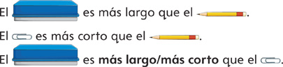 Hay un texto que dice: “El borrador de pizarrón es más largo que el lápiz. El clip es más corto que el lápiz. El borrador es más largo/más corto que el clip”.