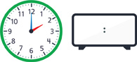 Hay un reloj con la manecilla de la hora apuntando al “2” y el minutero apuntando al “12”. Hay un reloj digital en blanco.