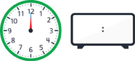 Hay un reloj con la manecilla de la hora apuntando al “12” y el minutero apuntando al “12”. Hay un reloj digital en blanco.