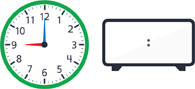 Hay un reloj con la manecilla de la hora apuntando al “9” y el minutero apuntando al “12”. Hay un reloj digital en blanco.