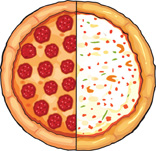 Hay una pizza redonda con una línea que atraviesa el centro y crea 2 partes iguales. Una parte tiene pepperoni y la otra, queso.