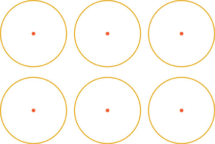 Hay seis círculos, cada uno con un punto en el centro.