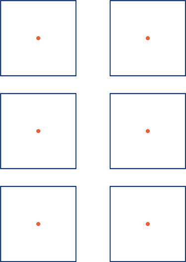 Hay seis cuadrados con un punto en el centro.