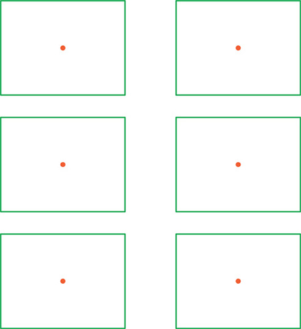 Hay seis rectángulos, cada uno con un punto en el centro.
