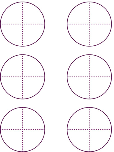 Hay seis círculos con una línea punteada que atraviesa el centro, desde arriba hasta abajo, y otra línea punteada que atraviesa el centro, desde la izquierda hasta la derecha. Las líneas crean 4 partes iguales en cada círculo.
