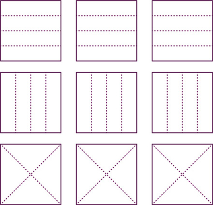 Hay nueve cuadrados, cada uno dividido en 4 partes iguales.