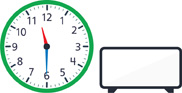 Hay un reloj con la manecilla de hora apuntando entre el “11” y el “12” y el minutero apuntando al “6”. Hay un reloj digital en blanco.