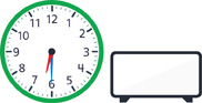 Hay un reloj con la manecilla de hora apuntando entre el “6” y el “7” y el minutero apuntando al “6”. Hay un reloj digital en blanco.