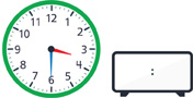 Hay un reloj con la manecilla de la hora apuntando entre el “3” y el “4” y el minutero apuntando al “6”. Hay un reloj digital en blanco.