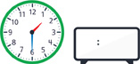 Hay un reloj con la manecilla de la hora apuntando entre el “1” y el “2” y el minutero apuntando al “6”. Hay un reloj digital en blanco.