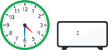 Hay un reloj con la manecilla de la hora apuntando entre el “4” y el “5” y el minutero apuntando al “6”. Hay un reloj digital en blanco.