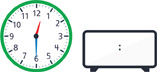 Hay un reloj con la manecilla de la hora apuntando entre el “12” y el “1” y el minutero apuntando al “6”. Hay un reloj digital en blanco.