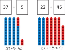 Hay dos grupos de torres de cubos con oraciones numéricas escritas a mano debajo de cada grupo y un par de tarjetas numéricas arriba de cada grupo.