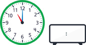 Hay un reloj con la manecilla de la hora apuntando al “11” y el minutero apuntando al “12”. Hay un reloj digital en blanco.